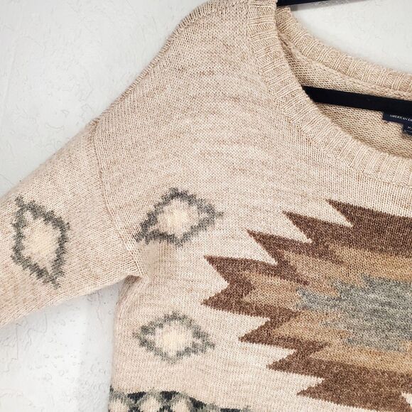 AEO American Eagle Neutral Aztec Southwest Knit Sweater Wool Blend Size Medium - Picture 2 of 7